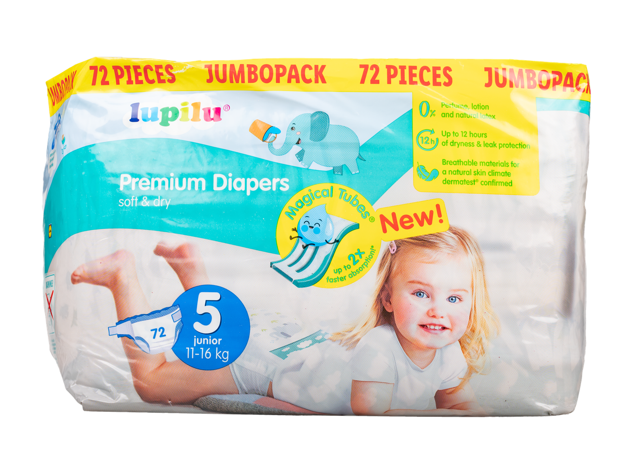 Pachet Jumbo Lupilu Premium Diapers (72 bucăți), mărimea 5 (11-16 kg).