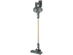 A grey and gold stick vacuum cleaner with green indicator lights on the brush head.