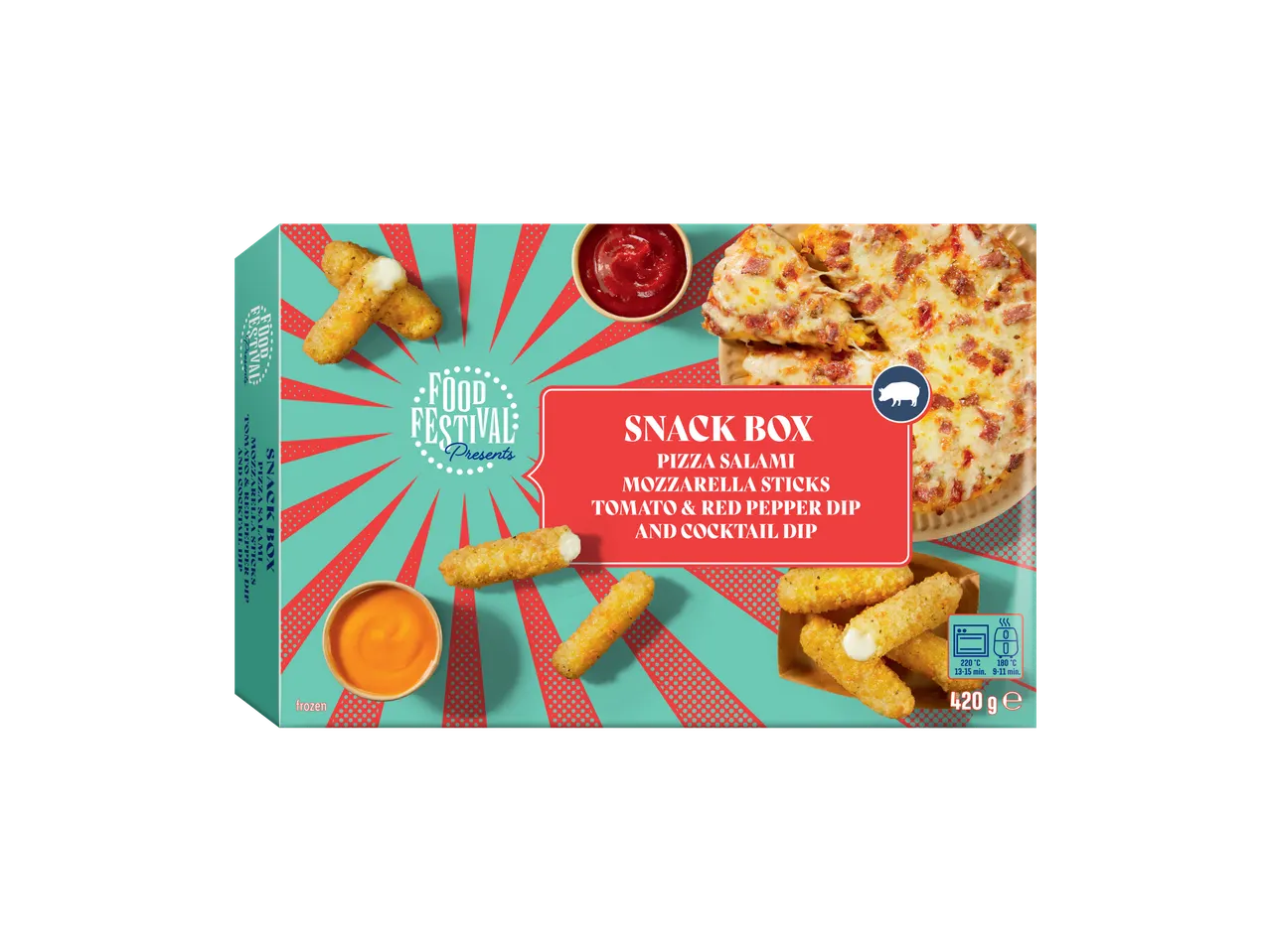 Snack Box met pizzasalami, mozzarellasticks, tomaat- & rode paprikadip en cocktaildip.