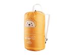A Crivit children's sleeping bag, yellow with a lion design, is shown packed in its stuff sack with backpack straps.