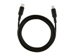 Black USB-C to Lightning cable, coiled in a circle on a white background.