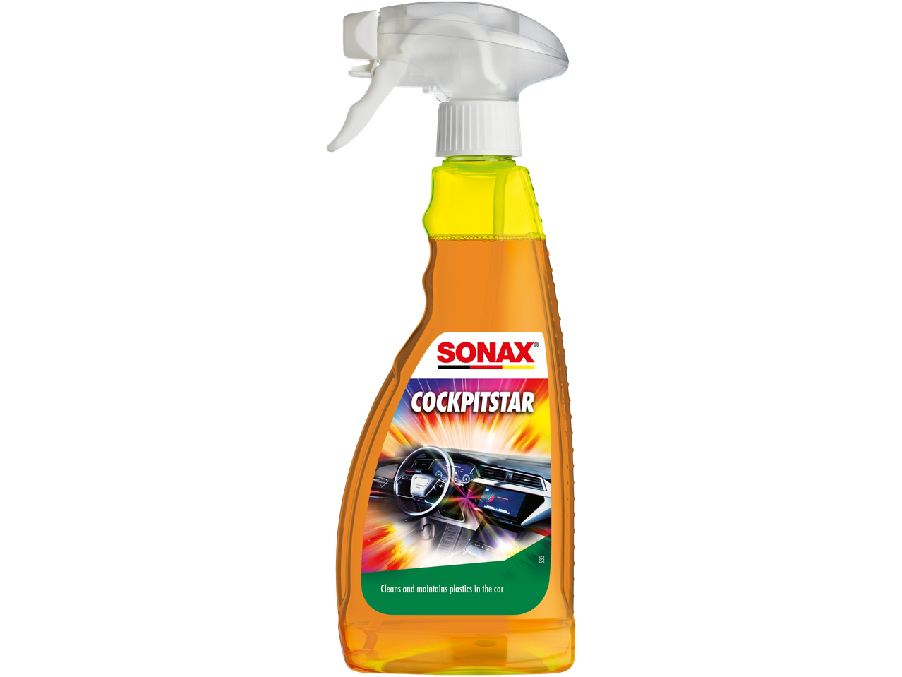 Orange spray bottle for car interior cleaning, with a label showing a car dashboard.