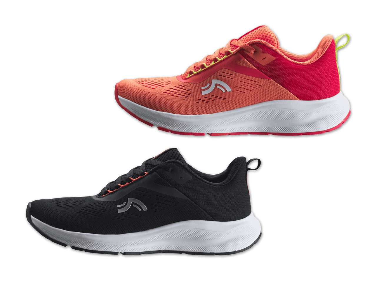 Zwei Sportschuhe, einer in Orange und Rot, der andere in Schwarz, auf schwarzem Hintergrund.