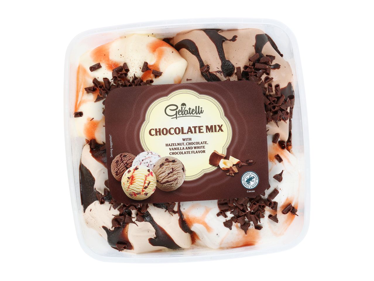 Paket sladoleda Gelatelli Chocolate Mix z okusi lešnika, čokolade, vanilije in bele čokolade.