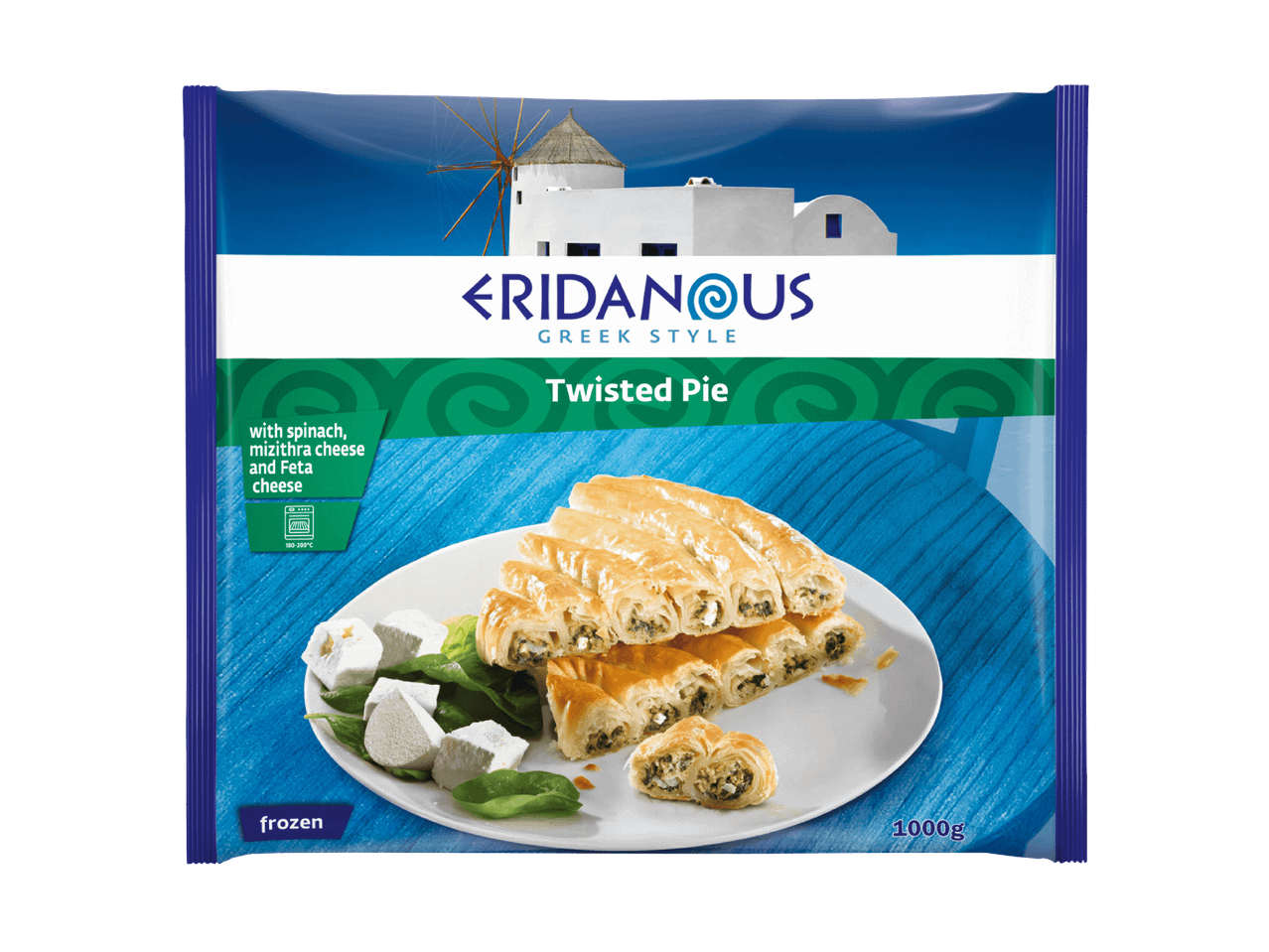 Tarte grecque torsadée surgelée aux épinards, mizithra et feta, 1000g.