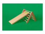 Wooden indoor climbing frame with a slide on a green background.
