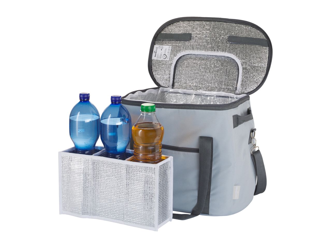 A gray insulated cooler bag with attached bottle holder, containing drinks.