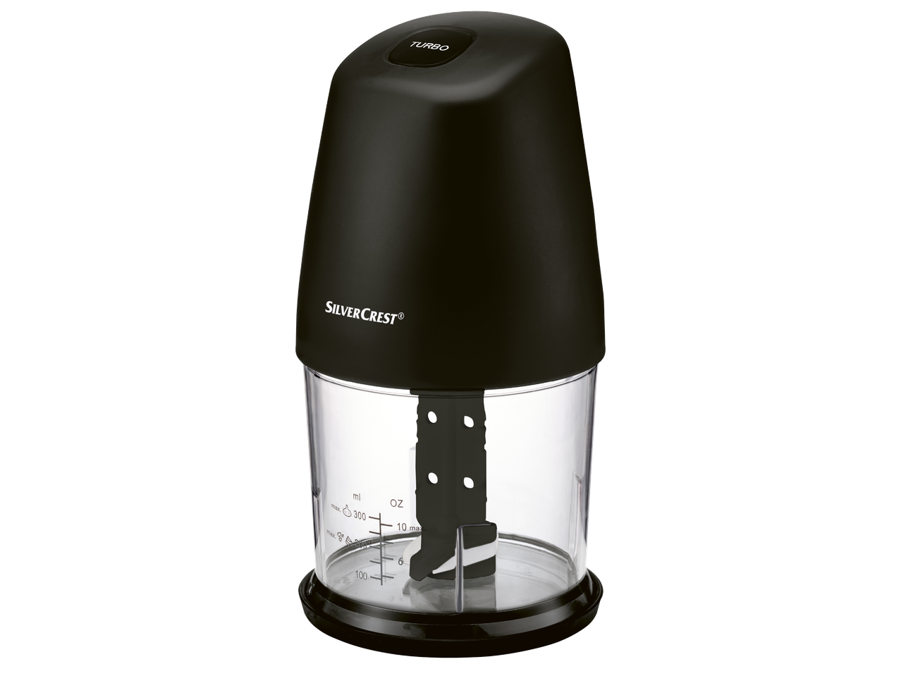 Черен чопър Silvercrest® с прозрачна купа за смесване и бутон „Turbo“.