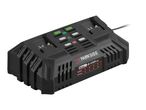 Black dual battery charger with green and red indicator lights and a charging time table.