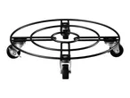 Black metal plant caddy with four wheels, one with a brake, on a white background.