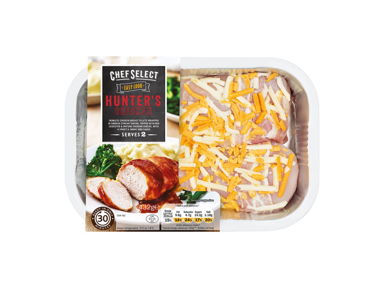 Chef Select Hunter's Chicken: Skinless chicken breast fillets wrapped in smoked streaky bacon, topped with cheese & BBQ sauce.