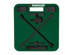 Green foam insert with cutouts for tools, including two long bars and other shapes.