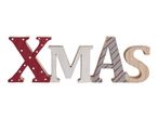 Wooden 'XMAS' letters in red with white dots, white, and grey with red stripes.