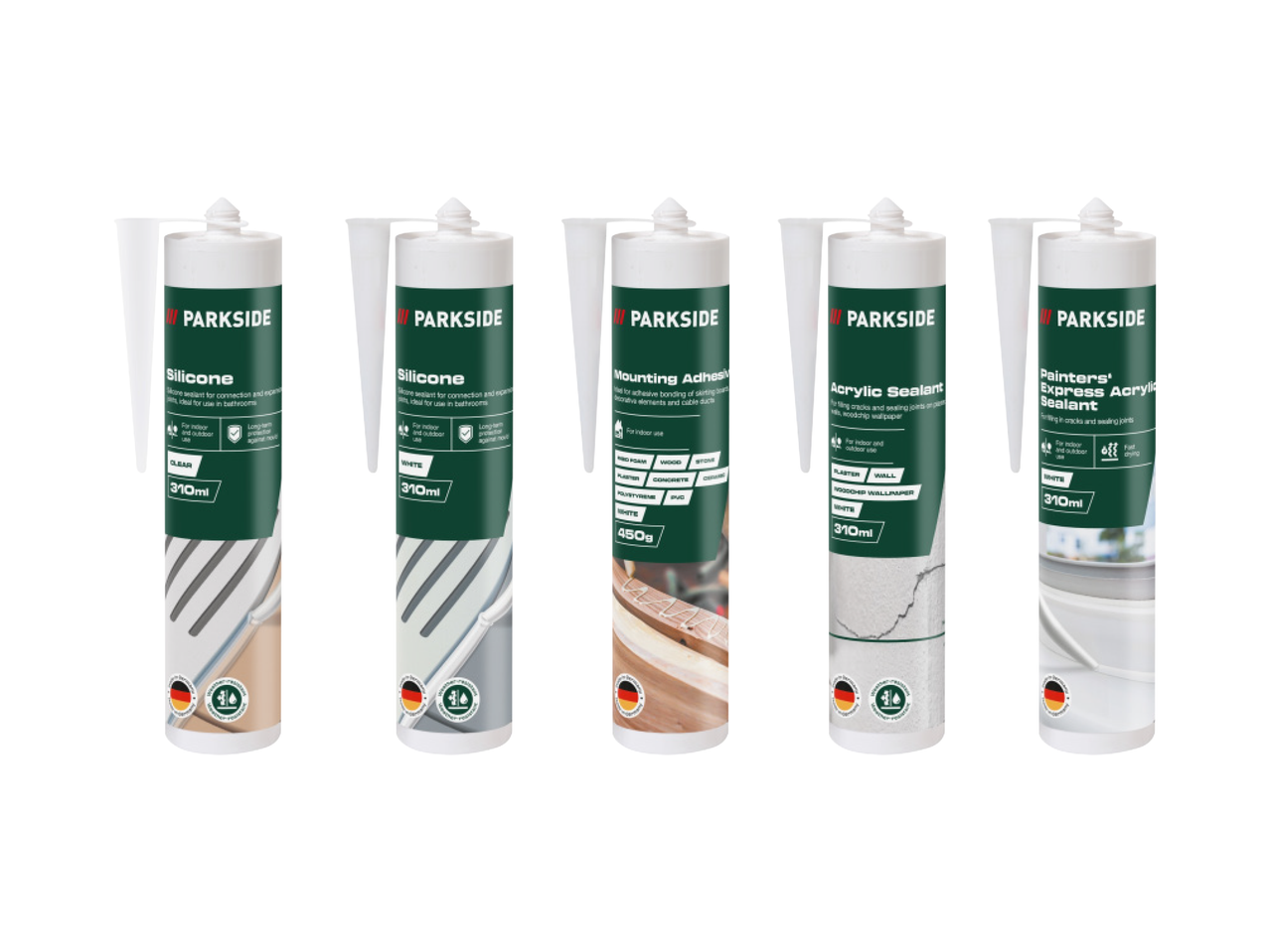 Pet tuba Parkside silikona, montažnog ljepila i akrilnog brtvila u bijeloj i prozirnoj boji.