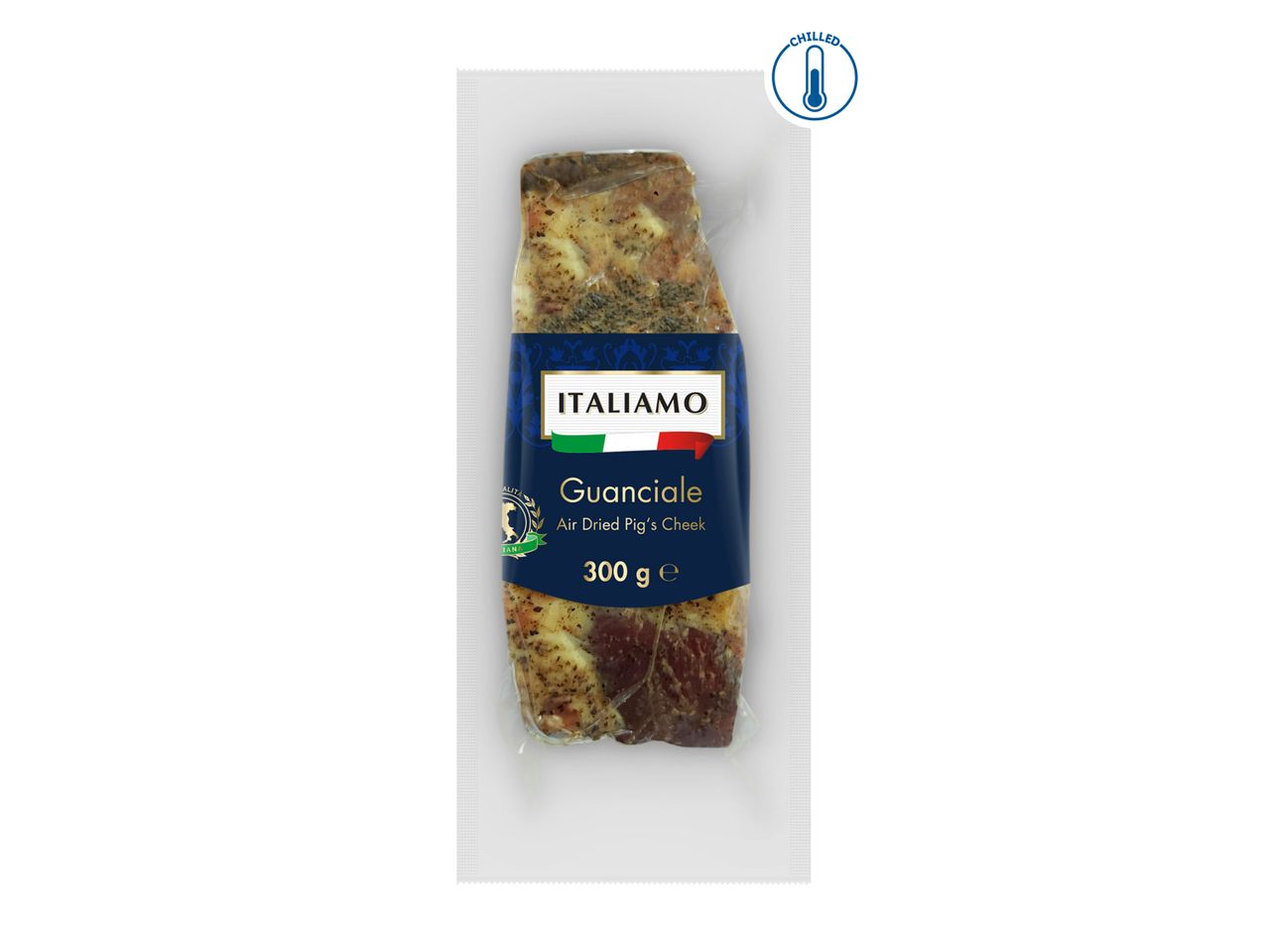 A vacuum-sealed package of Italian Guanciale (air-dried pig's cheek), 300g, with a 'chilled' icon.