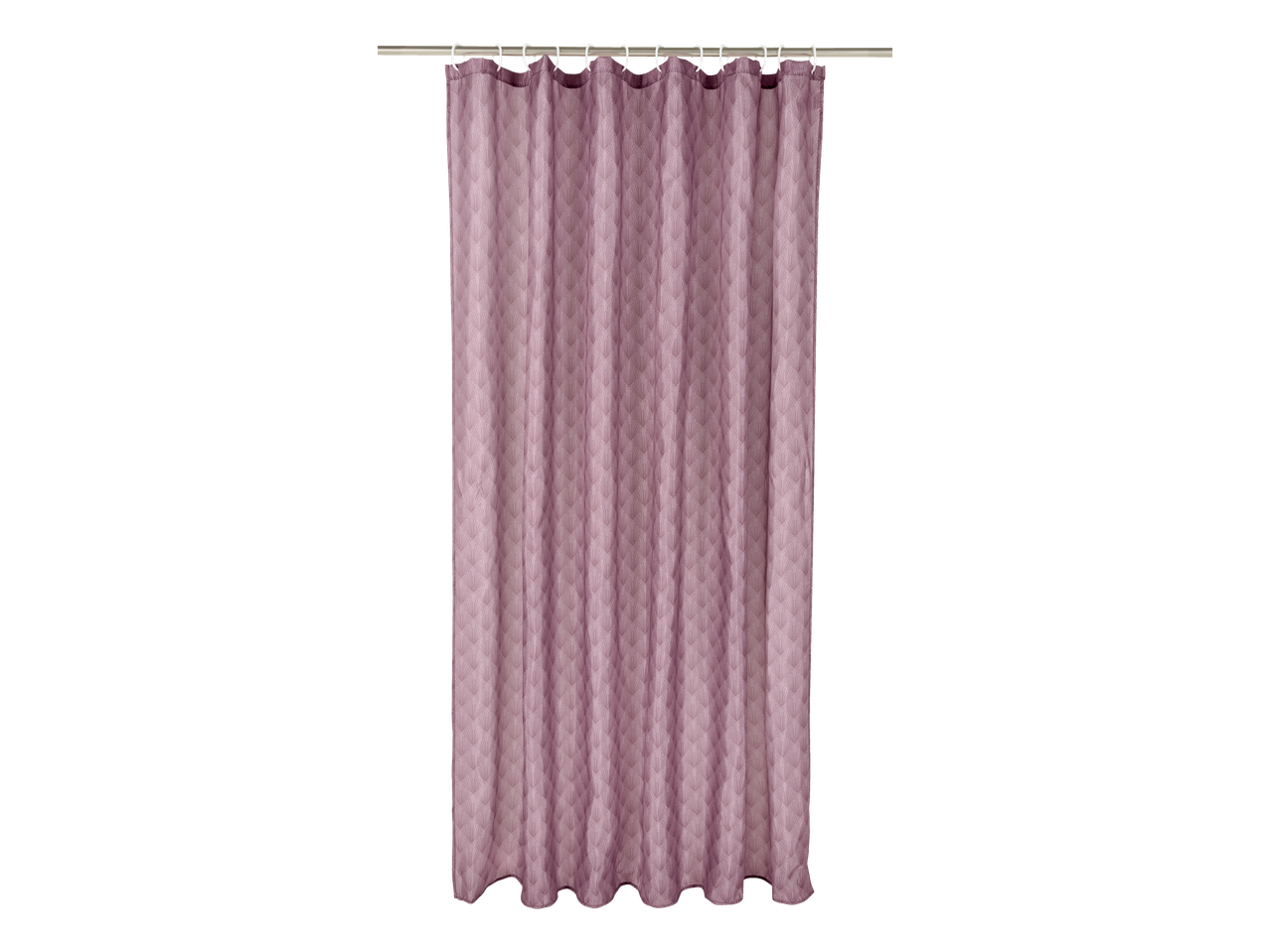 Ružičasta zavesa za tuš sa geometrijskim uzorkom, okačena na metalnu šipku.