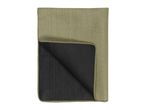 Folded olive green and black picnic blanket with a textured surface.
