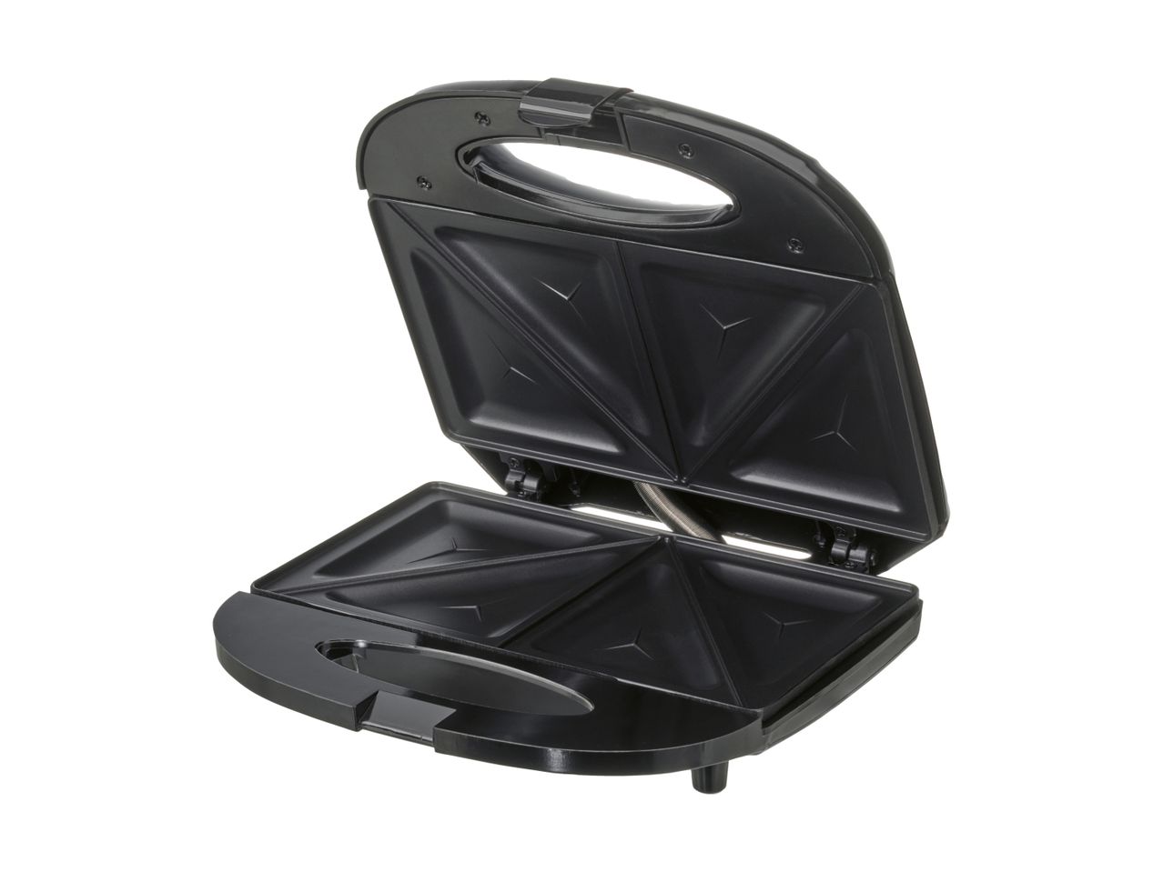 A black, open sandwich maker or panini press.