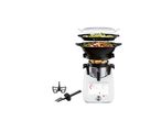 Exploded view of a multi-tier food steamer with accessories.