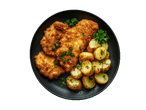 Knuspriges paniertes Schnitzel mit Petersilienkartoffeln auf einem schwarzen Teller.