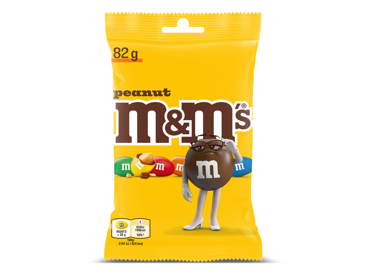 Gele zak met pinda-chocoladesnoepjes, met een bruin snoepje met bril.