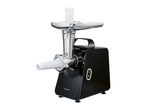 Black meat grinder with a silver feeding tray and white attachments.