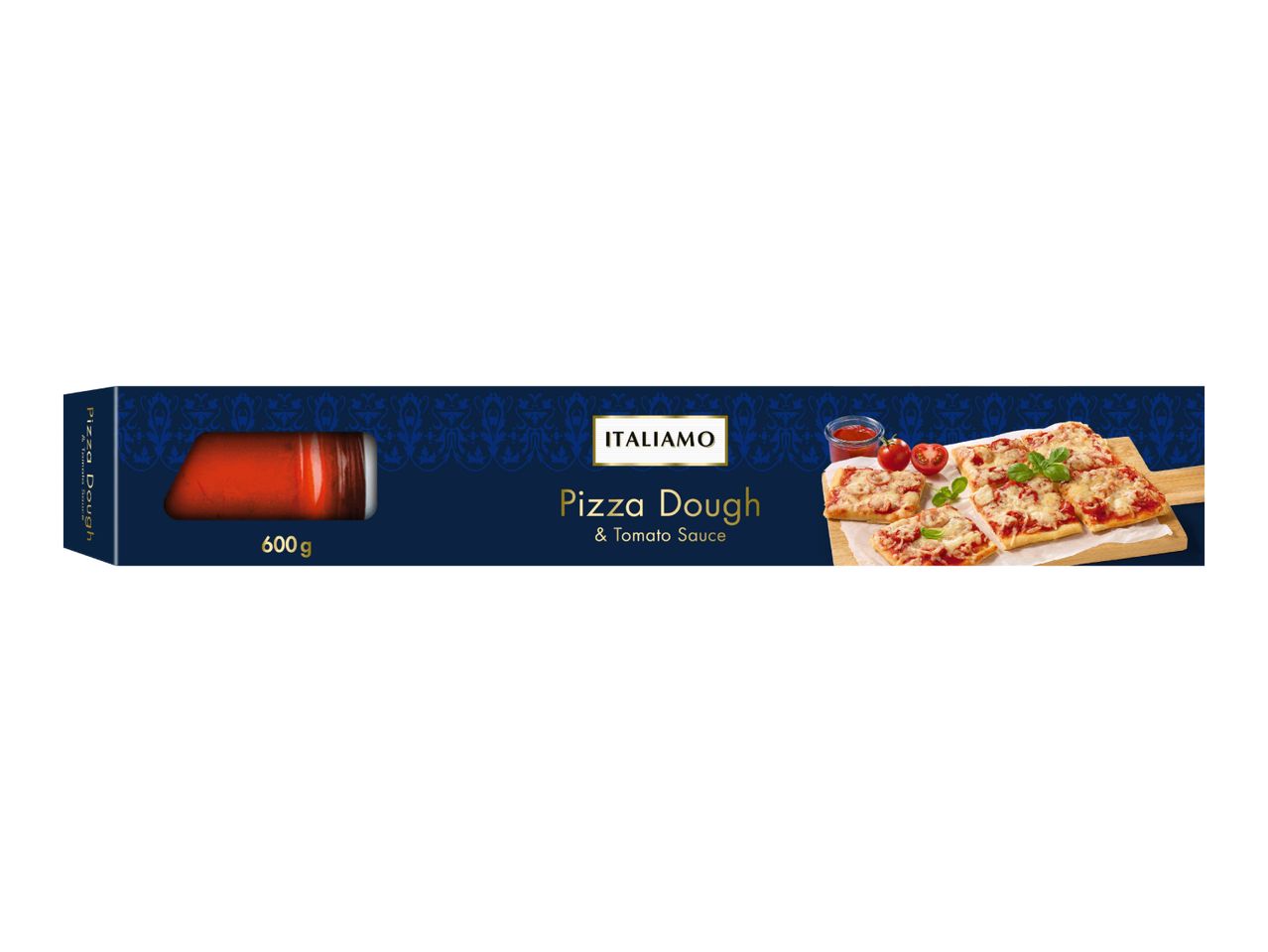 Pizza dough and tomato sauce packaging with prepared mini pizzas on a wooden board.
