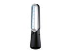 Black bladeless tower fan with a digital display showing '020'