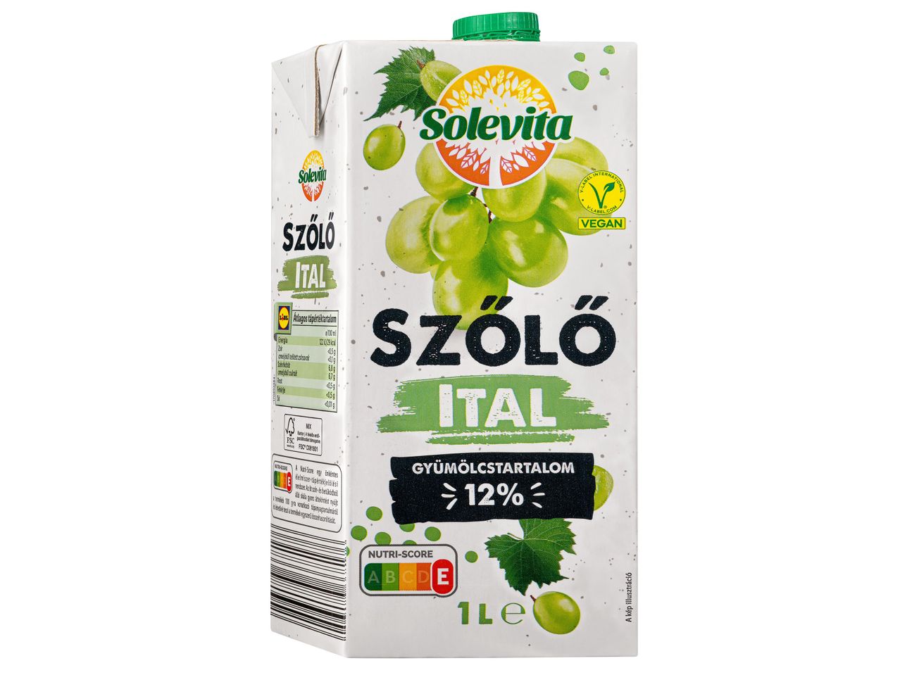Solevita szőlőlé, 1 literes kiszerelésben, Nutri-Score E jelöléssel.