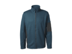 Blau-graue Fleecejacke mit Reißverschluss und dunklen Einsätzen an den Seiten und Ärmeln.
