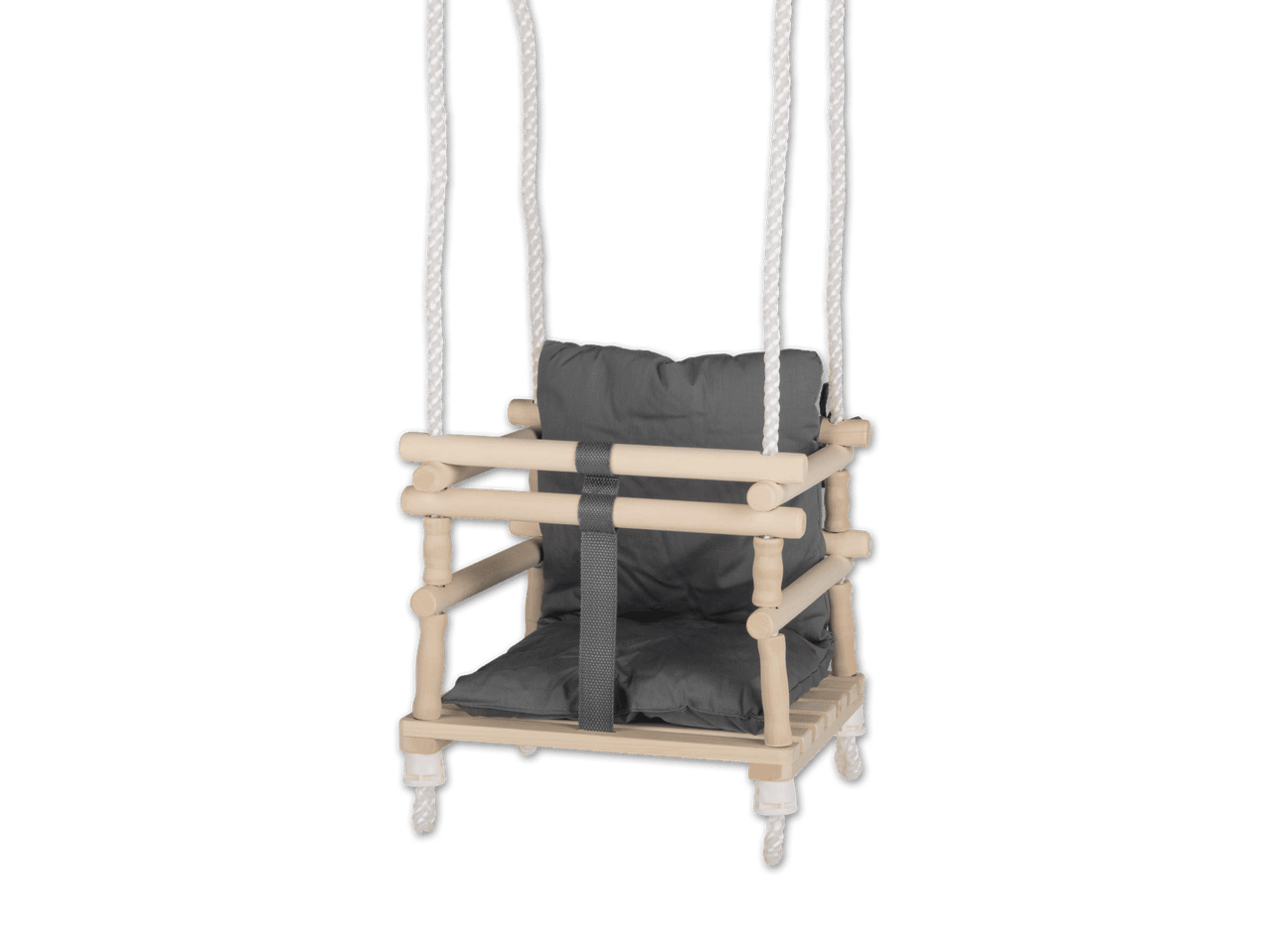 Holzschaukel für Babys mit grauem Kissen und Sicherheitsgurt