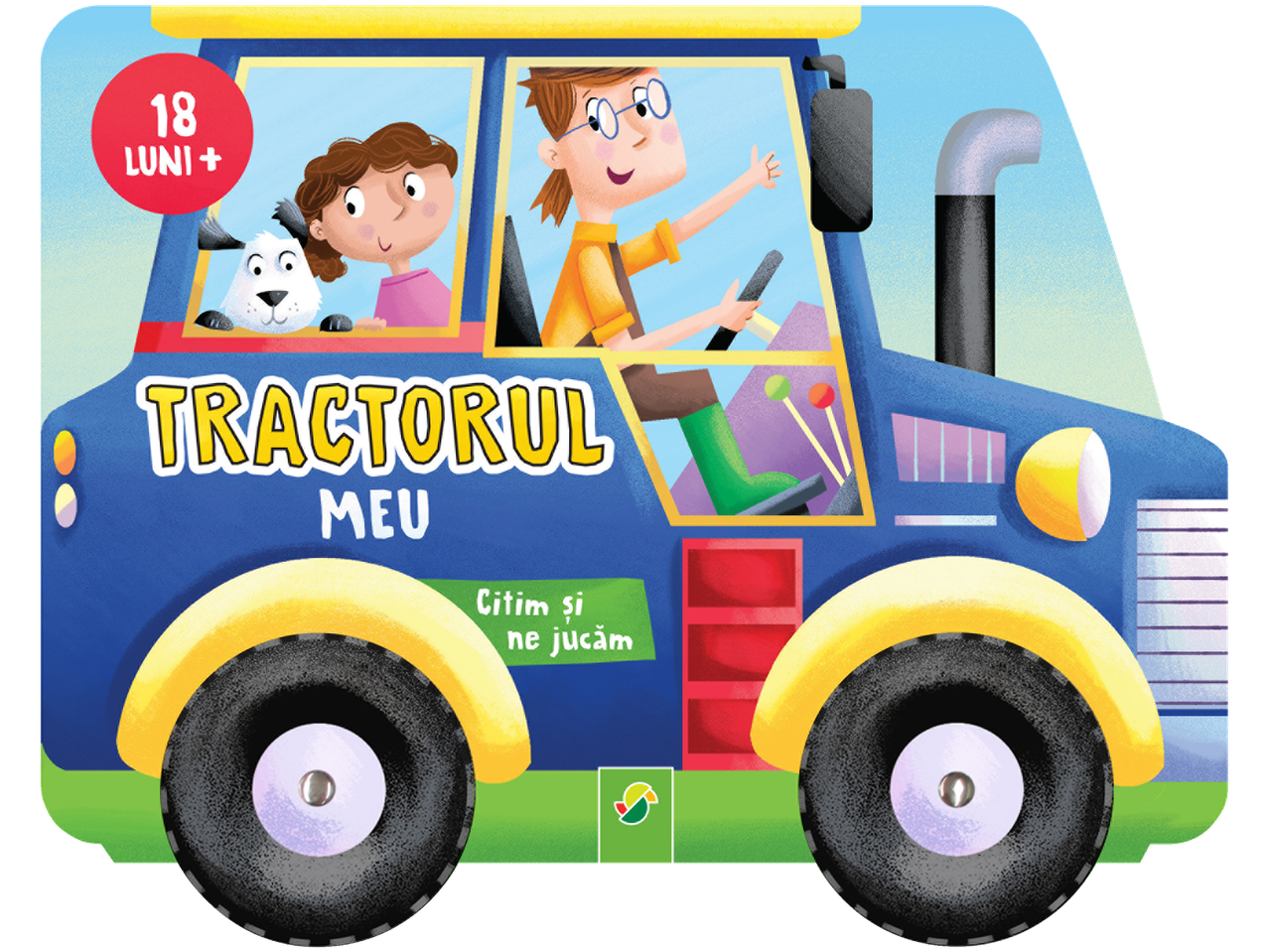 Carte pentru copii despre un tractor, cu ilustrații cu copii și un câine.