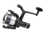 Black fishing reel with grey line, featuring a chrome spool and textured handle.