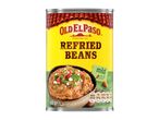 A 435g can of mild refried beans with a bowl of beans on the label.