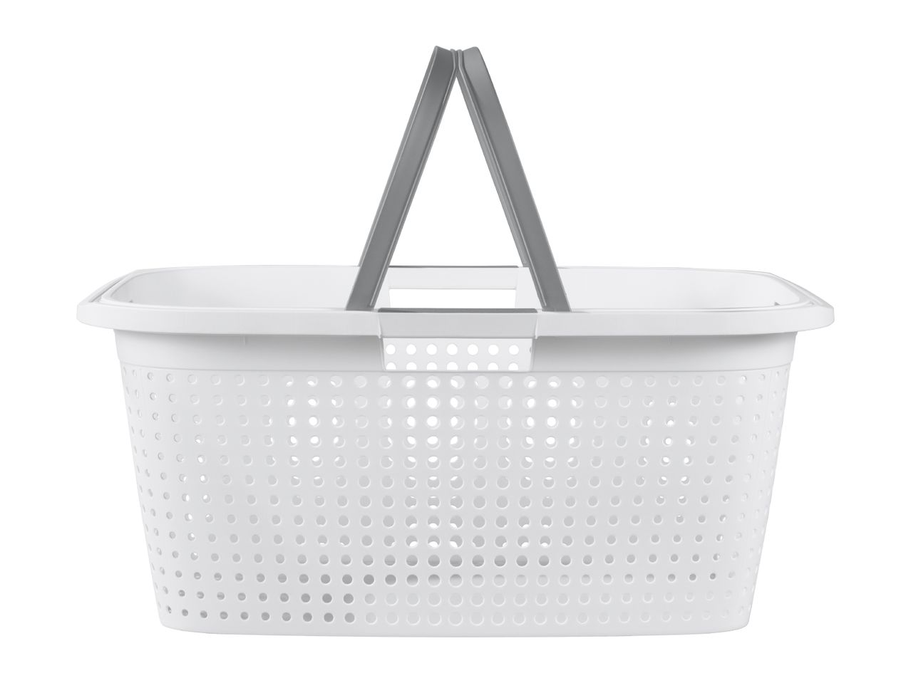 White plastic laundry basket with gray handles