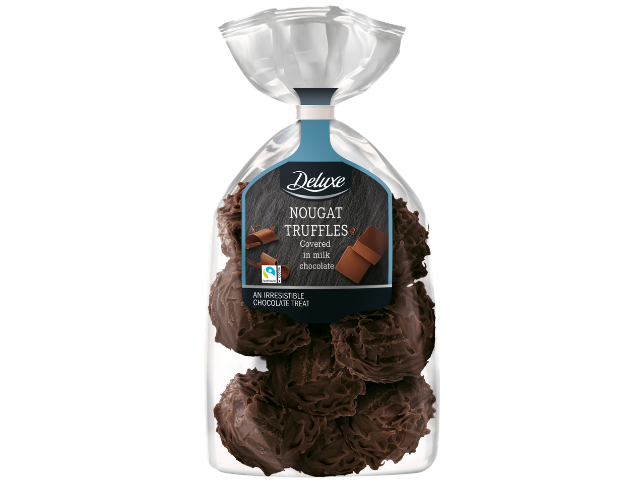 Trufe de ciocolată DELUXE, acoperite cu ciocolată cu lapte, într-o pungă transparentă.