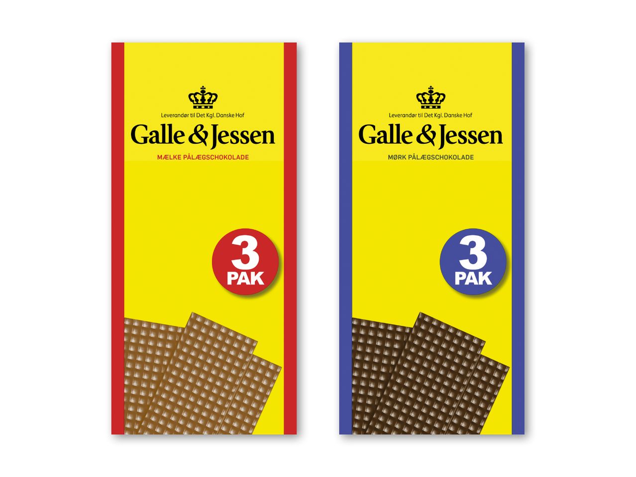 To pakker med 3 mælke- og mørk pålægschokolade.