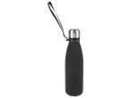 Bouteille isotherme noire avec bouchon métallique et dragonne.