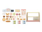 A wooden toy bakery set with pastries, play money, a menu, and a display stand.