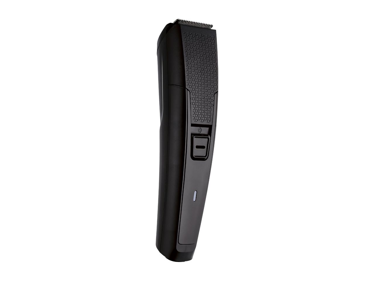 Black electric hair and beard trimmer with a textured grip and adjustable settings.