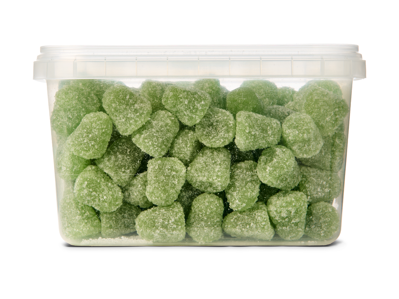 Transparante plastic bak gevuld met groene, suikerbestrooide snoepjes.