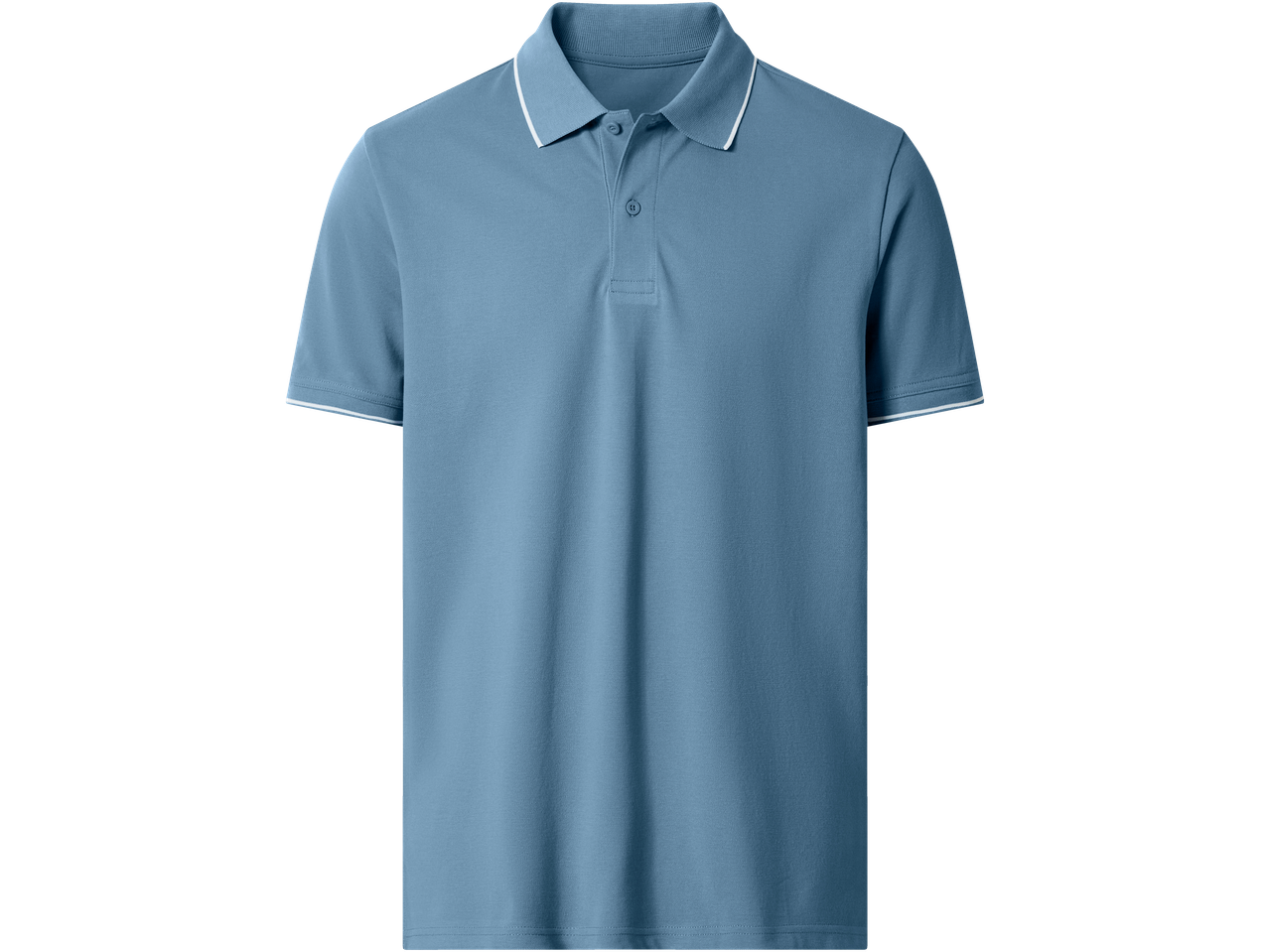 Polo azul masculino com riscas brancas na gola e nas mangas
