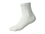 A single white ankle sock, shown from the side, with a ribbed cuff and textured fabric.