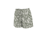 Green and white floral print shorts with a ruffled waistband.