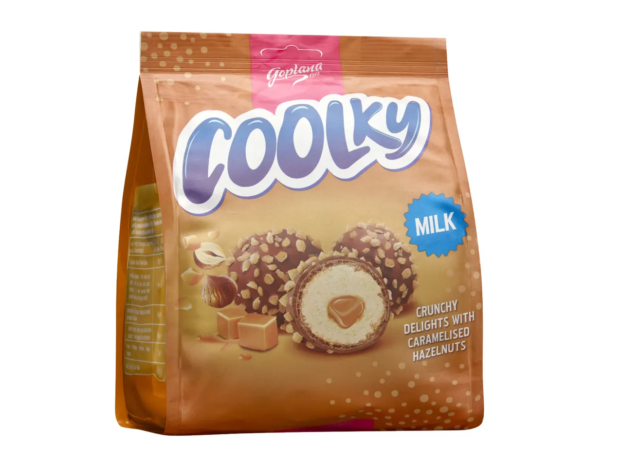 Pouch of milk chocolate delights with caramelised hazelnuts, featuring a cut-open piece.