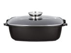 Black rectangular roasting pan with a glass lid and stainless steel aroma knob