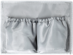 Gray fabric storage bag with two elastic pockets.