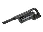 Black cordless handheld vacuum cleaner with a long crevice nozzle and transparent dust container.
