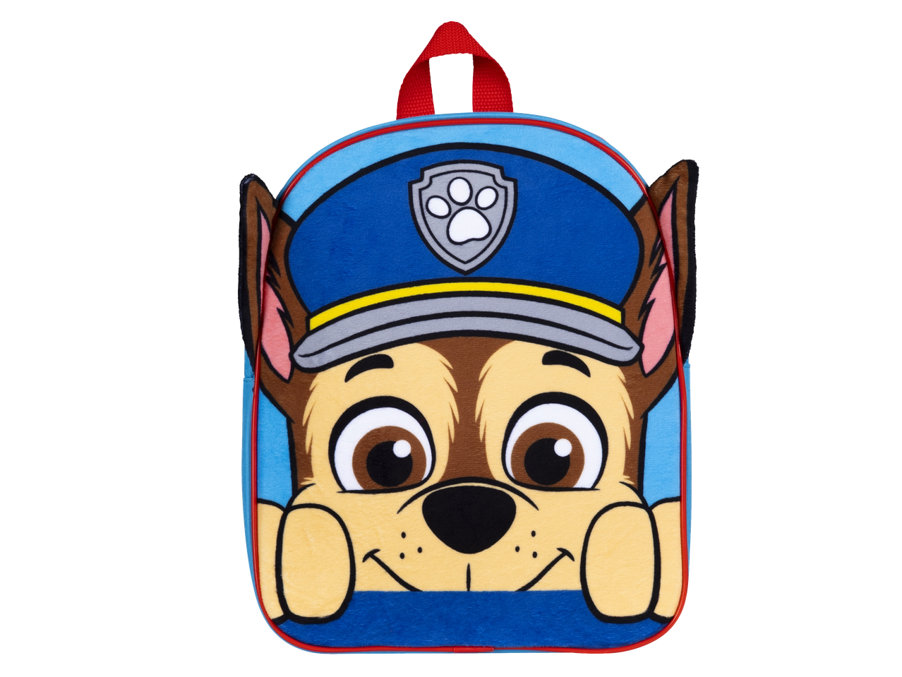 Mochila infantil de pelúcia azul com o rosto do Chase da Patrulha Pata