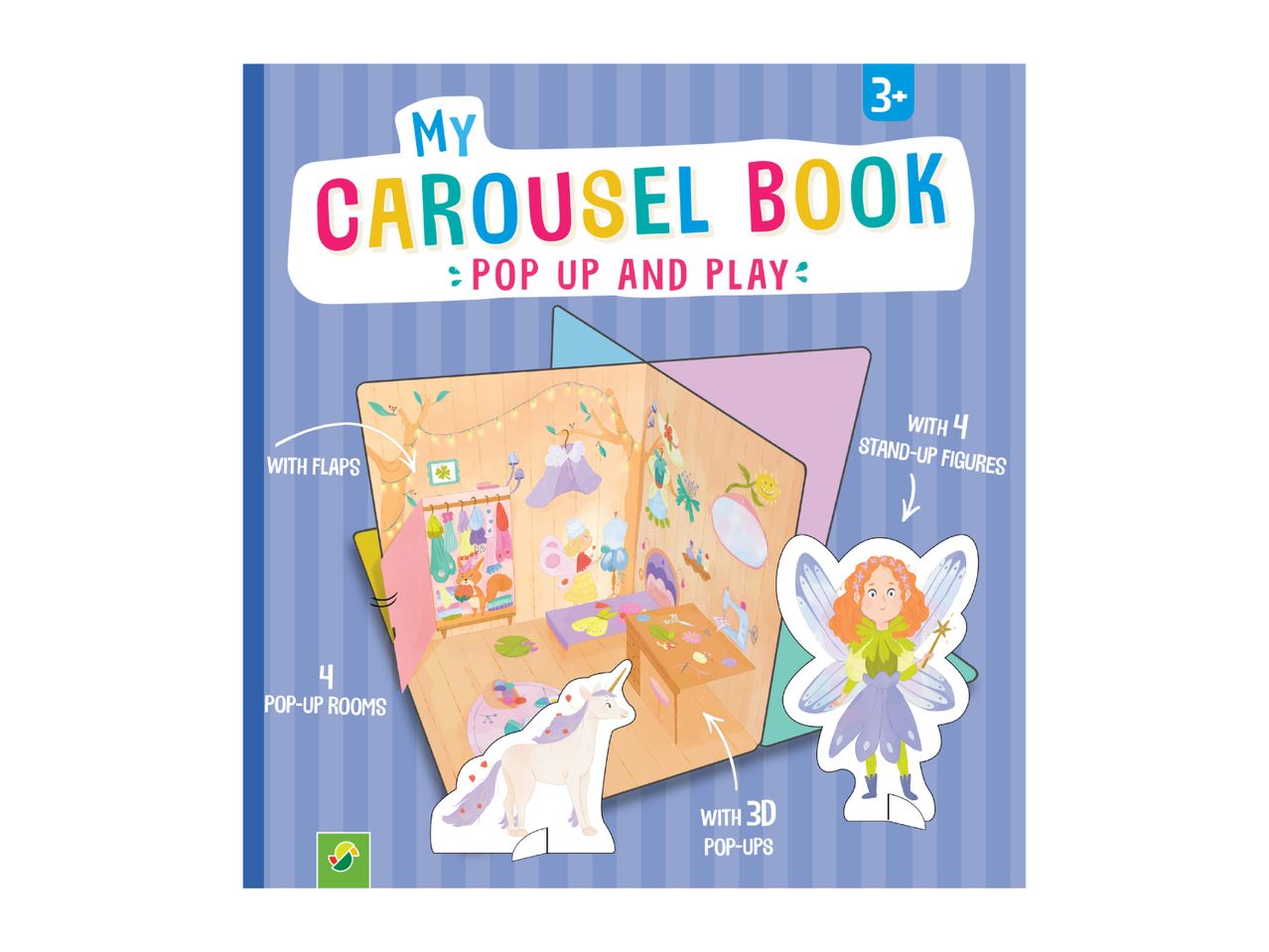 Children's pop-up carousel book with 4 rooms, 3D pop-ups, and 4 stand-up figures.